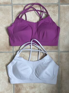 aerie set of 2 padded strappy back purple white sports bras; size L